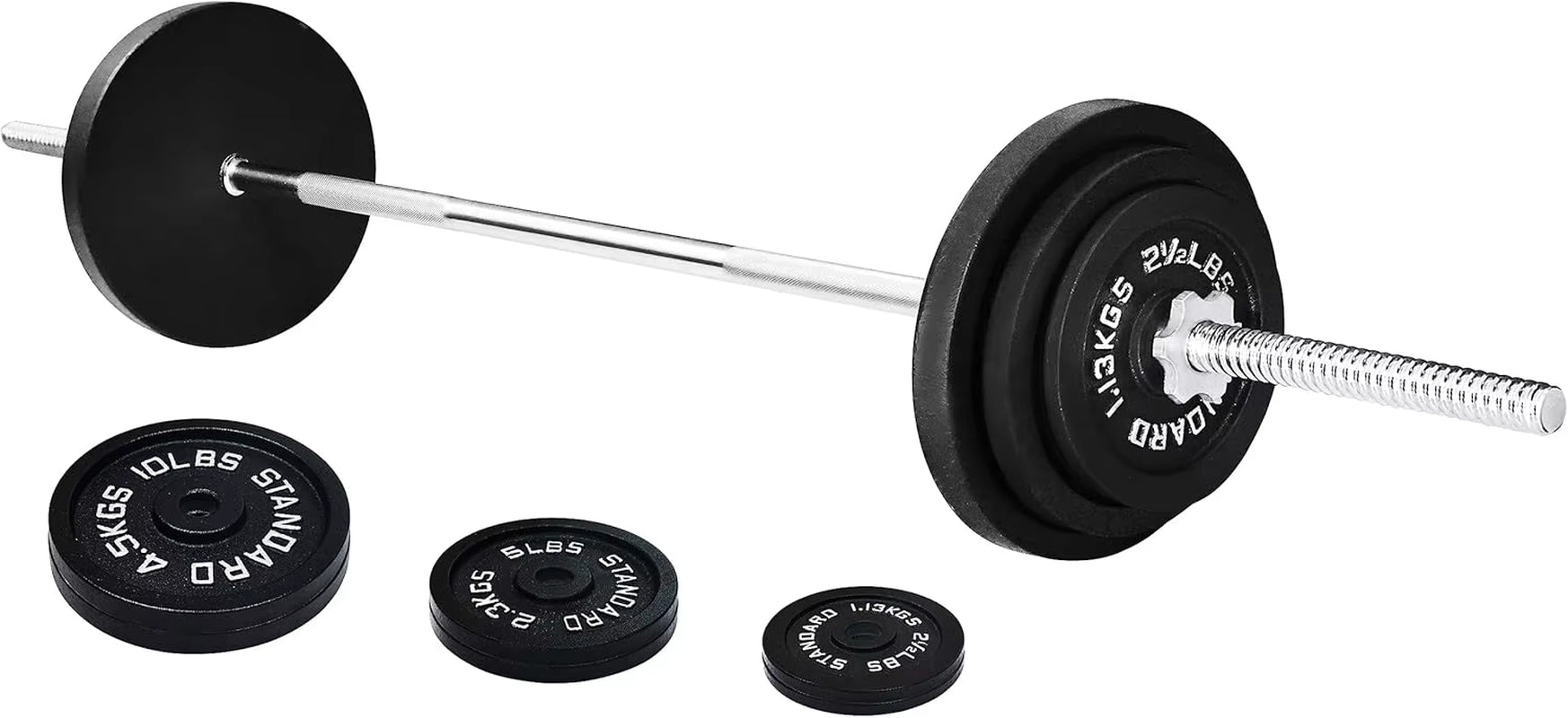 Fitness Cast Iron Standard Weight Plates Including 5FT Standard Barbell with Star Locks, 45-Pound Set (35 Pounds Plate