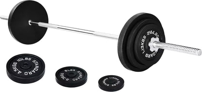 Fitness Cast Iron Standard Weight Plates Including 5FT Standard Barbell with Star Locks, 45-Pound Set (35 Pounds Plate