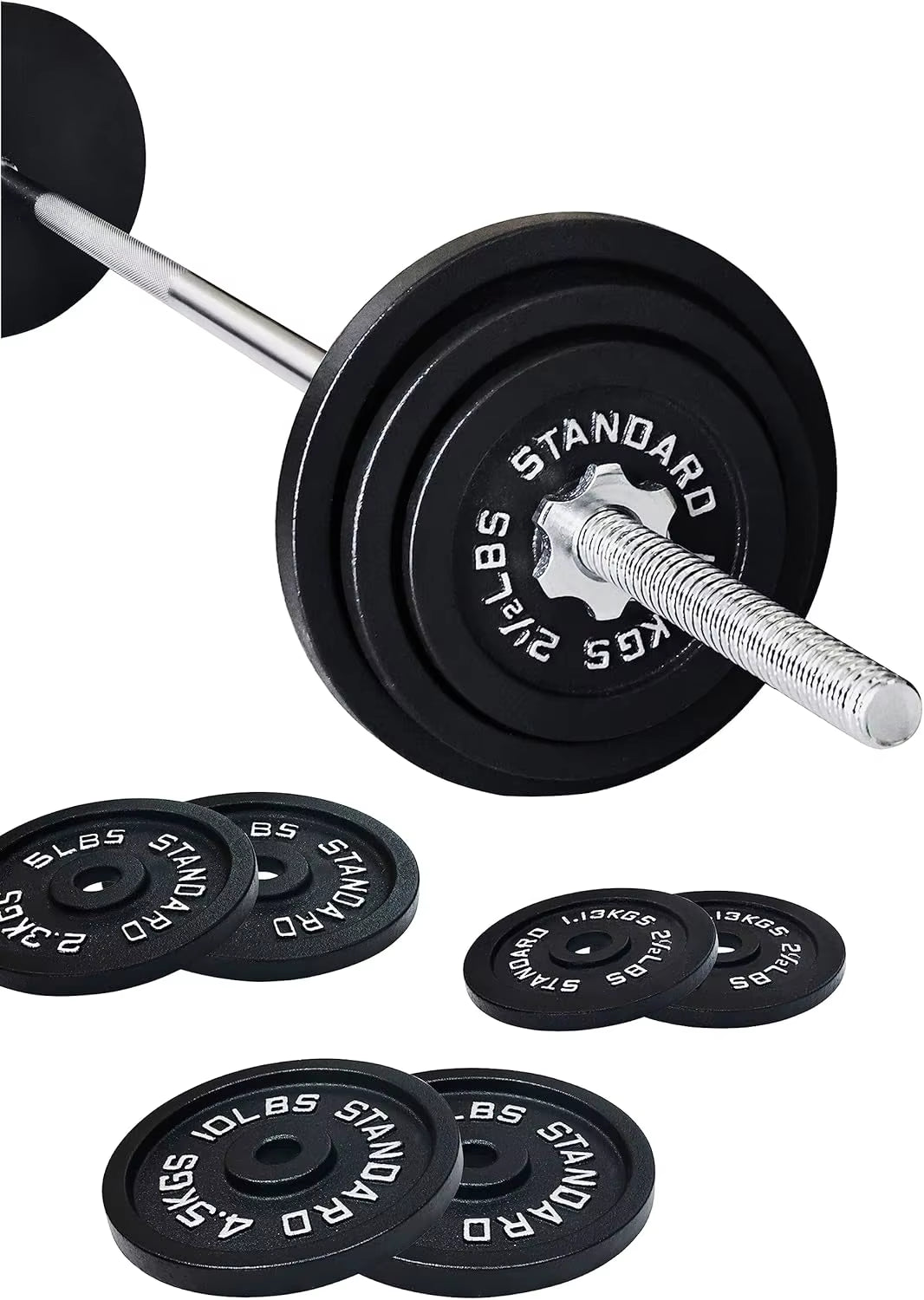 Fitness Cast Iron Standard Weight Plates Including 5FT Standard Barbell with Star Locks, 45-Pound Set (35 Pounds Plate